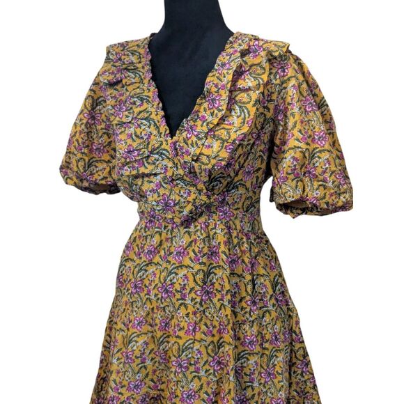 RAHI Anthropologie Floral Ruffle Mini Dress L Yellow Cotton Sleeve Cottagecore - Picture 2 of 7